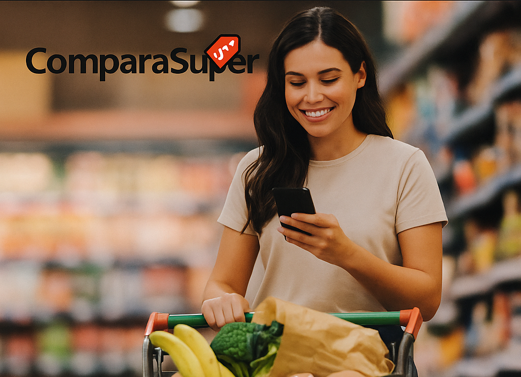 Mulher no supermercado com celular